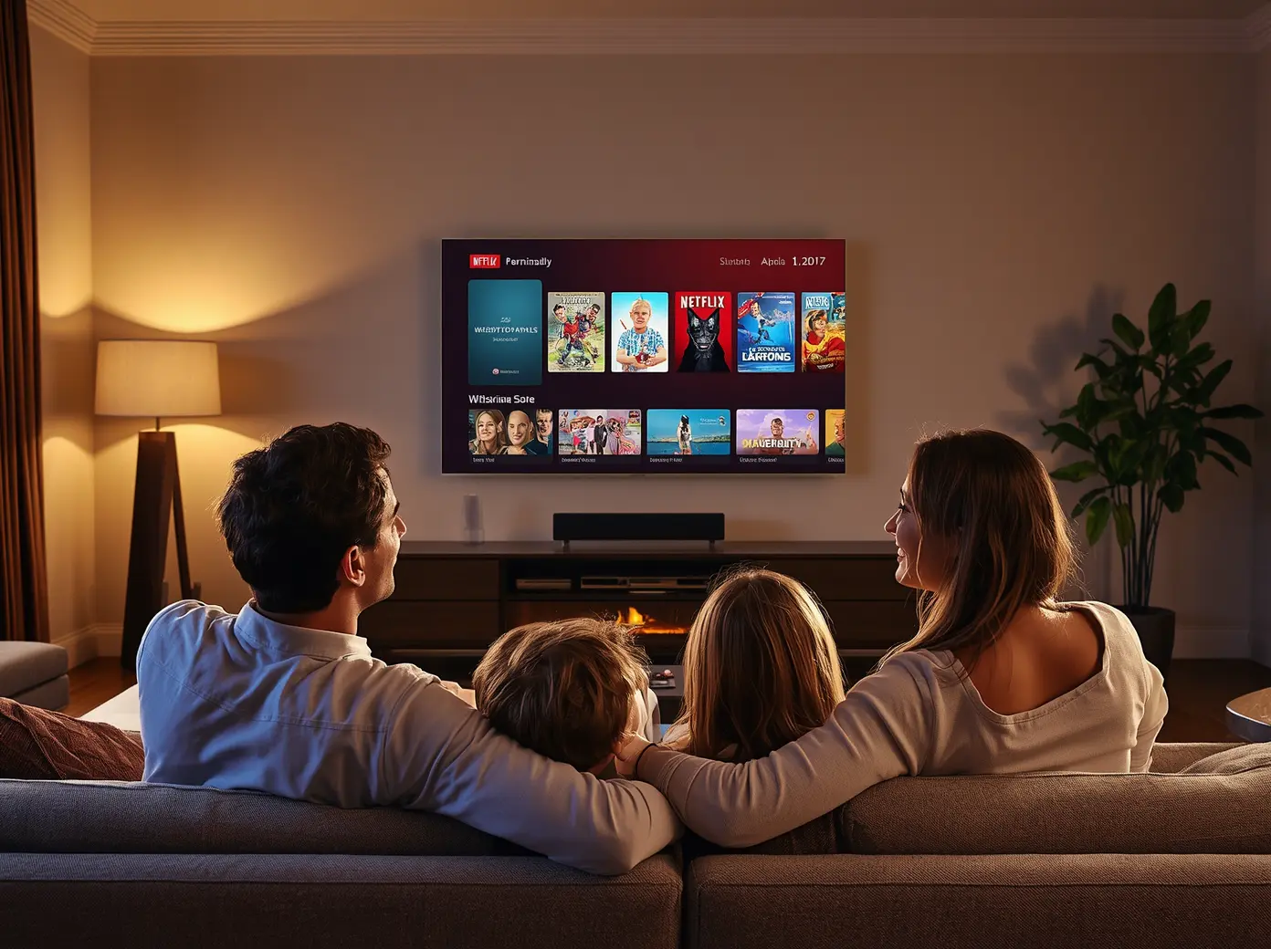 Modern luxury UK living room with large 4K smart TV displaying IPTV UK streaming — 22,000+ channels in crystal clarity